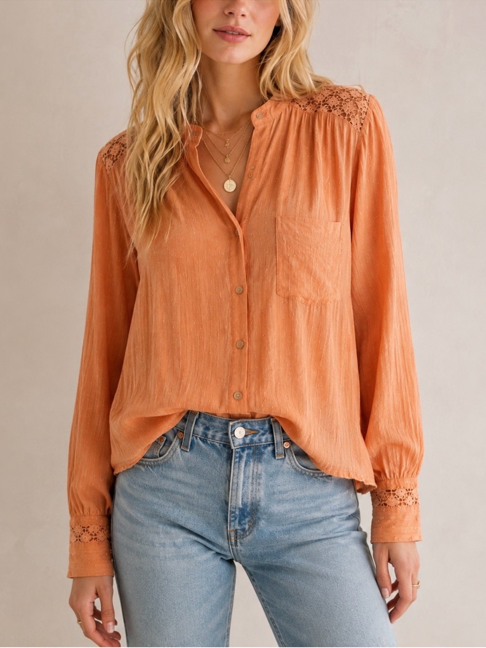 Free People Orange Crochet Lace Button Down Blouse